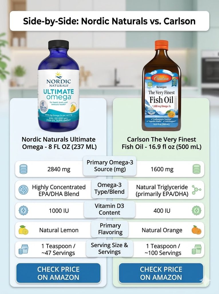 Nordic Naturals Ultimate Omega 2X and Carlson Elite Omega-3 Gems fish oil bottles side by side