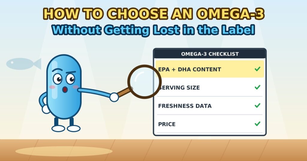 How to choose an omega-3 supplement, cartoon soft gel with a magnifying glass over a label checklist
