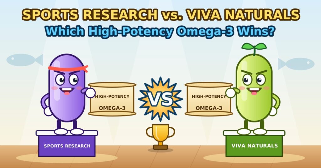 Sports Research vs Viva Naturals omega-3 comparison, cartoon softgel characters on podiums with a trophy