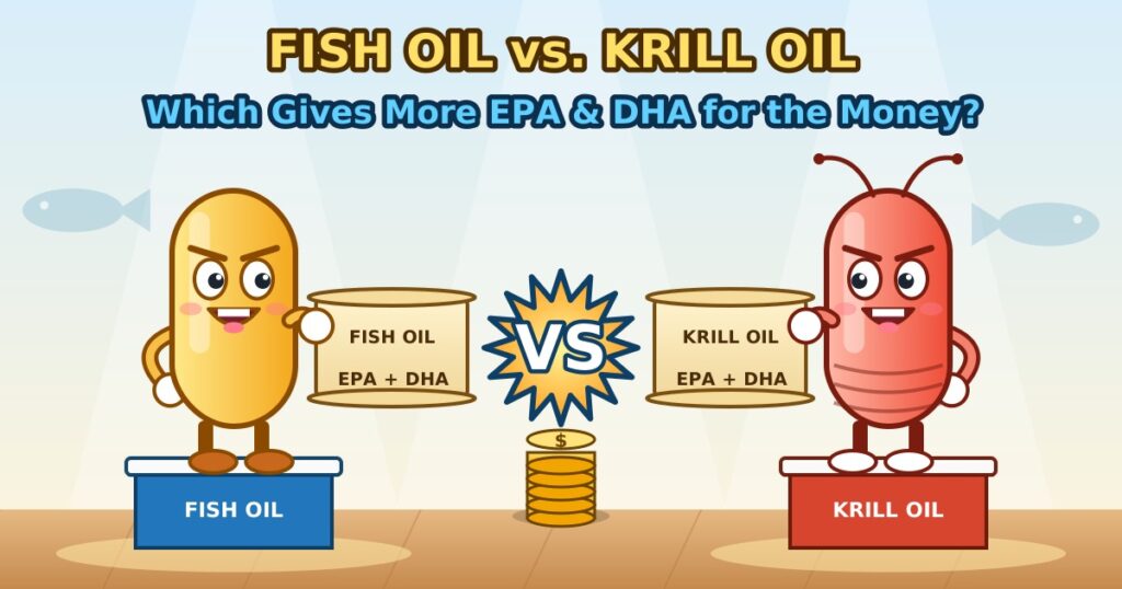 Fish oil vs krill oil comparison, cartoon softgel and krill characters on podiums with a stack of coins