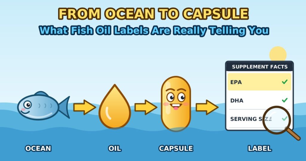 From ocean to capsule, cartoon fish, oil drop, softgel and supplement facts label in sequence