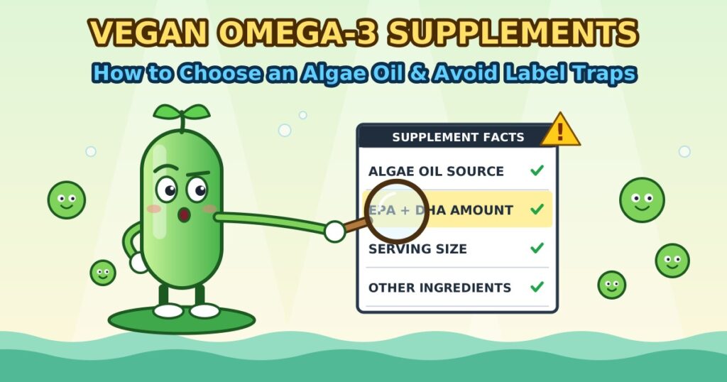 Vegan omega-3 from algae oil, cartoon algae droplet beside a softgel