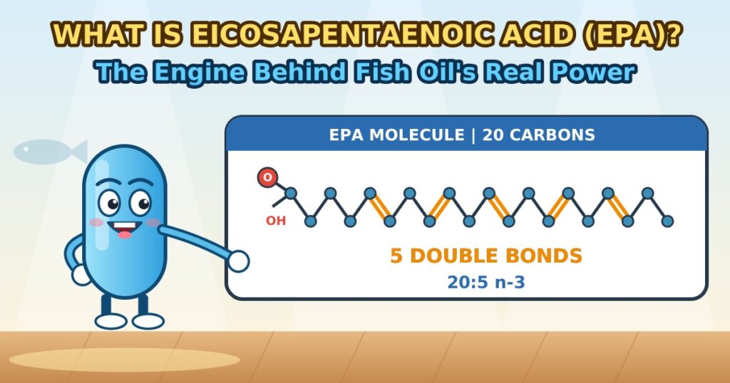 What is eicosapentaenoic acid (EPA), cartoon soft gel character pointing at a 20-carbon EPA molecule with five double bonds